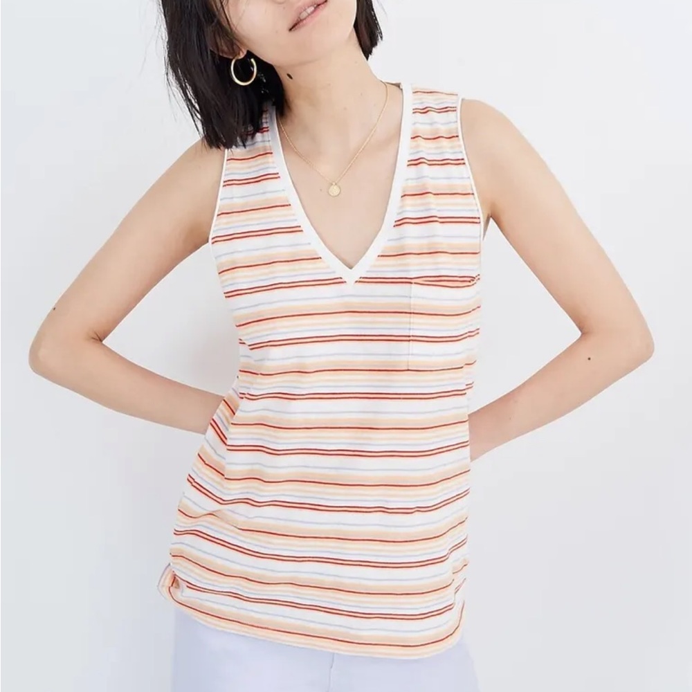 Madewell Cotton Whisper V Neck Pocket Tank Fieldgate Stripe Size XL